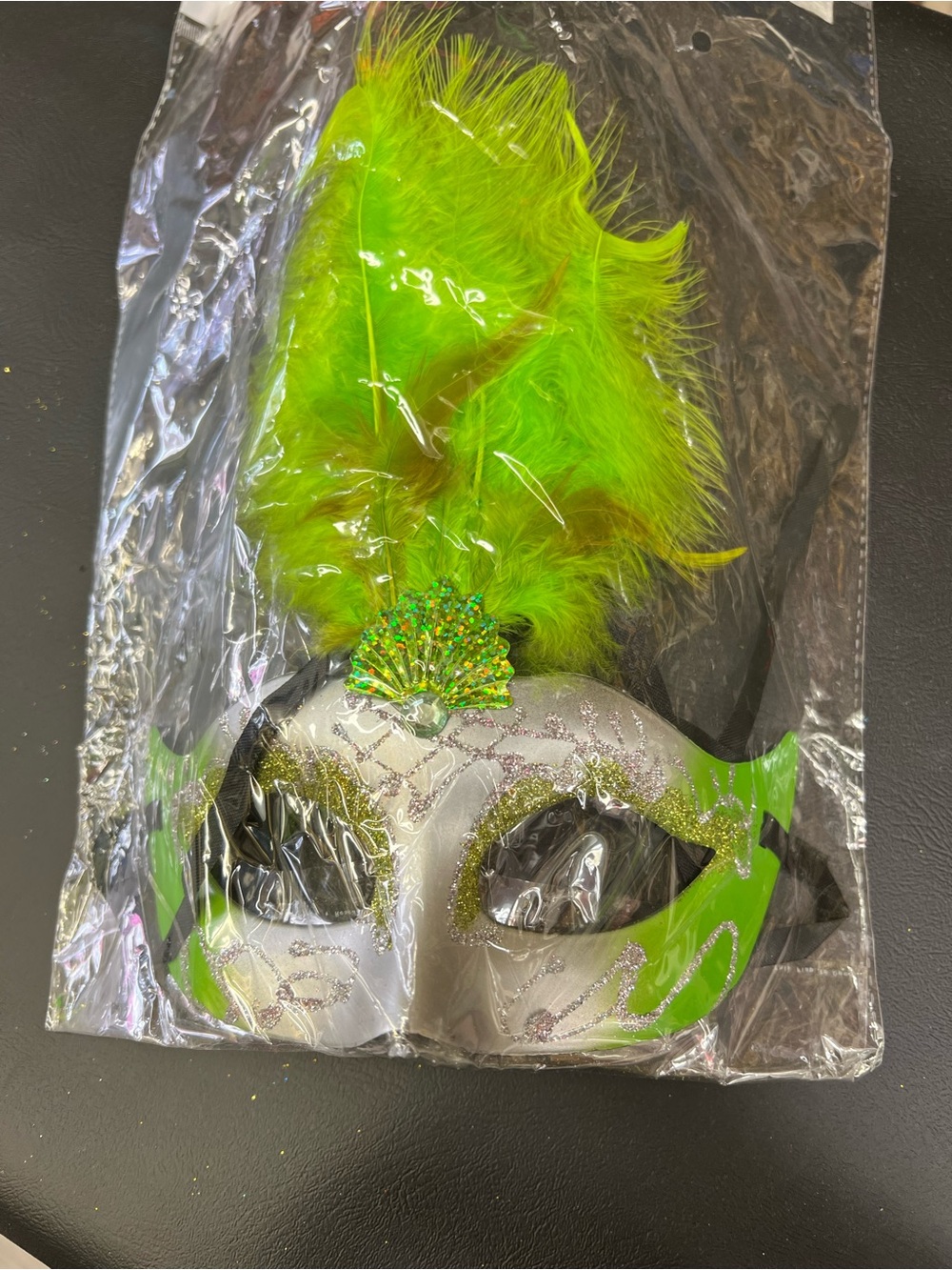 Green Feather Mardi Gras Mask with Glitter Accent